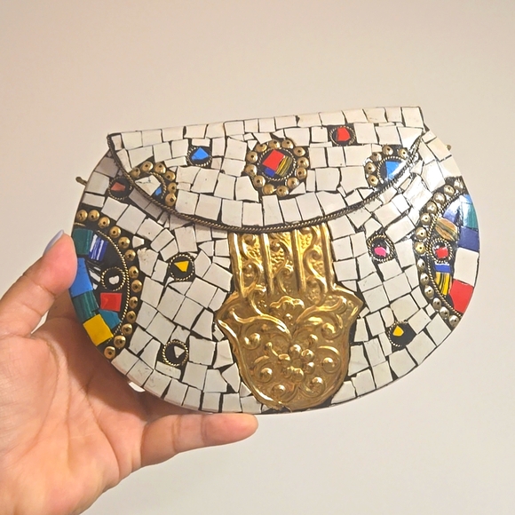 Ramla Handbags - NWOT Ramla Mosaic Handmade Bag white with gold tones, colorful w/ crossbody stra